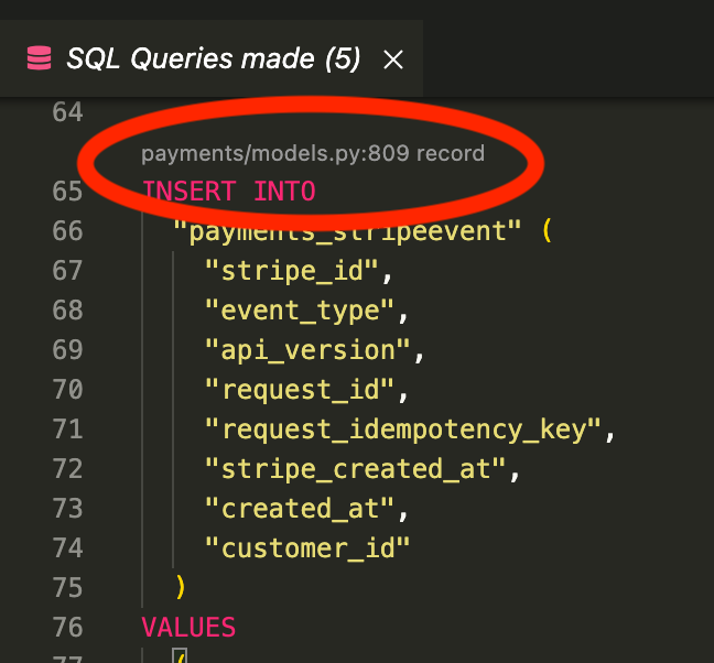 A SQL query with a link to the user code that generated it