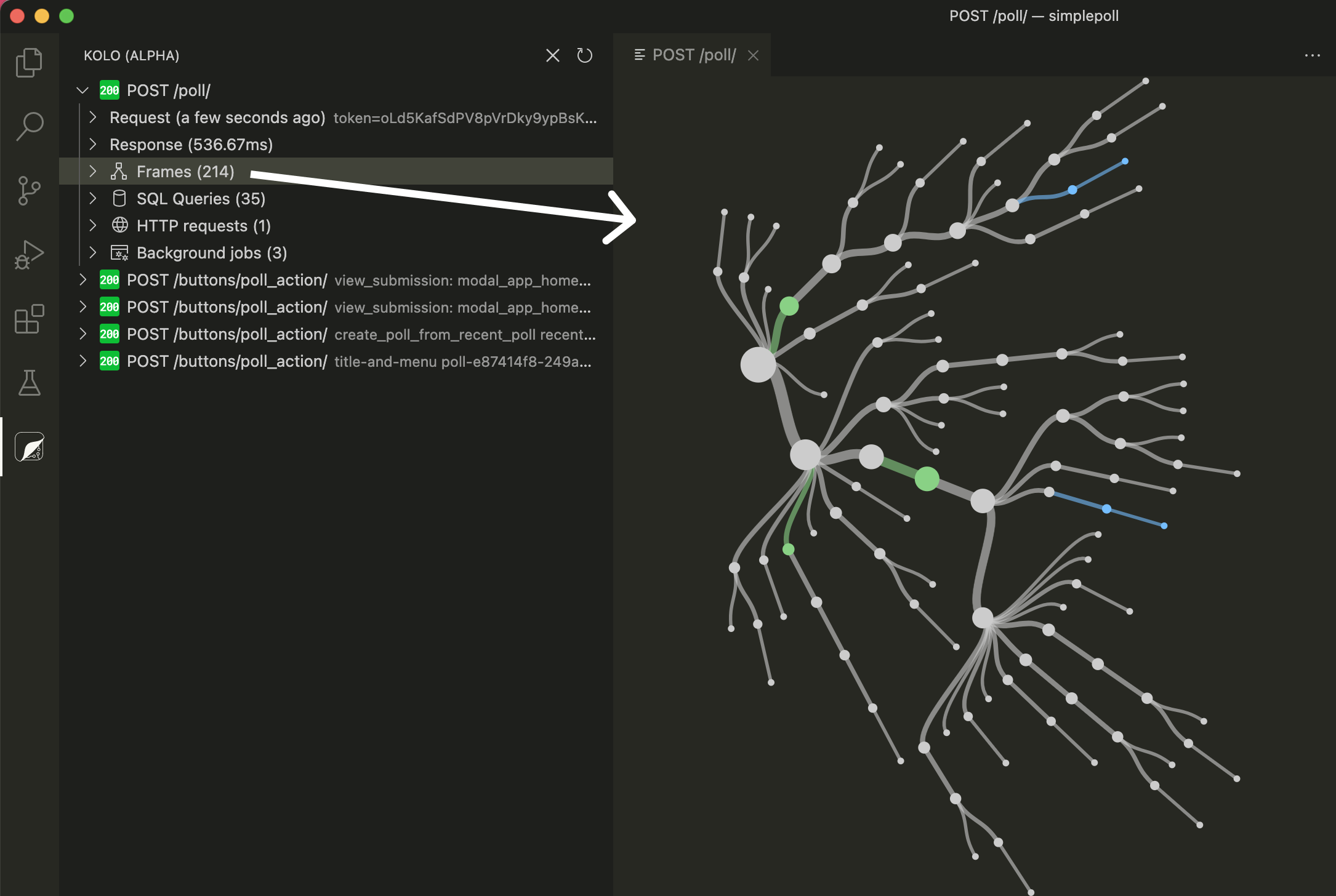 Clicking "Frames" shows the frame visualization